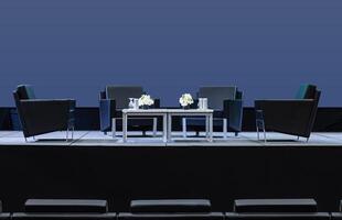 Four black armchair for speaker on stage and blue screen display backdrop at business presentation exhibition photo