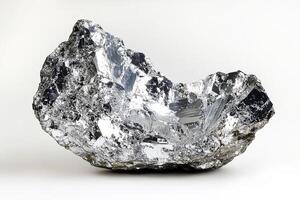 Close up shot of a shiny silver metallic mineral rock formation against a white background photo