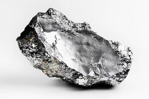 A close up of a large, shiny, silver mineral rock specimen against a white background surface photo