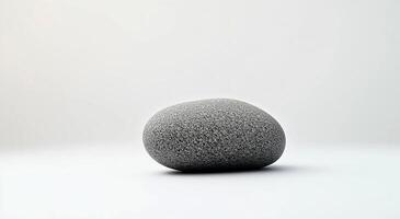 A single gray stone with a smooth surface sitting on a white background in studio light photo