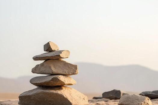un apilar de cinco rocas equilibrado en parte superior de cada otro con un brumoso montaña antecedentes ver foto