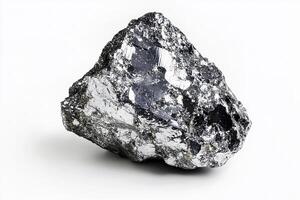 Close up shot of a shiny dark gray rock formation against a plain white background surface photo