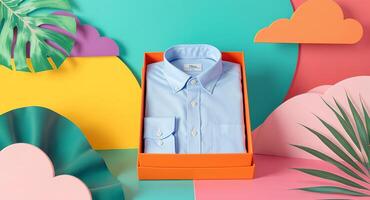 A blue shirt in an orange box on a colorful background photo