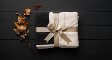 Blanket wrapped in black and white with gold ribbon on a black background photo