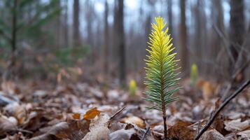 New growth of pine seedling in forest nature photography autumn environment close-up perspective photo