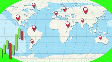 Animation of candlestick graphs over a world map, illustrating global economic trends with dynamic transitions and vibrant colors video