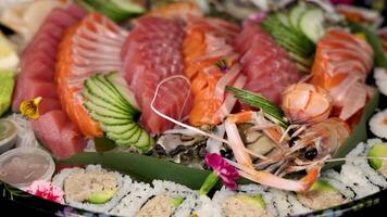 Colorful array of sushi and sashimi delicacies video