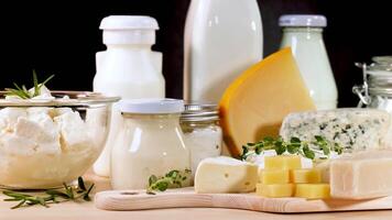 Assorted dairy items arranged neatly on table video
