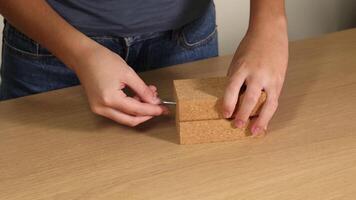 Hands manipulate a wooden block, inserting a hook screw on a table. Natural lighting highlights the detailed assembly process video
