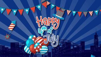Dynamic animation with fireworks, city skyline, and celebratory text in vibrant colors, capturing the spirit of Independence Day video