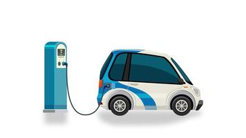 An electric car charges at a station, showing battery progress from 4 to 100 on a background video
