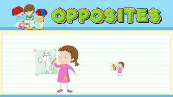 A playful animation teaching opposites using a child holding start and finish drawings, with vibrant colors and simple transitions video