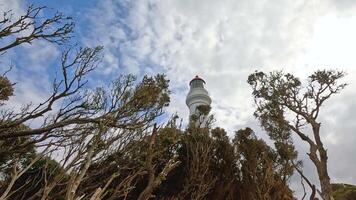 A lighthouse stands tall among trees, framed by a partly cloudy sky. The scene captures natural beauty and architectural elegance video