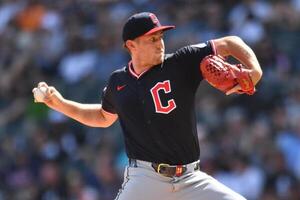 Cleveland Guardians starting pitcher Tanner Bibee (28) pitches during the first inning against the Chicago White Sox at Rate Field. editorial_image