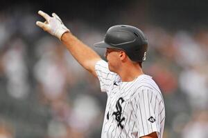 Chicago White Sox catcher Kyle Teel (8) reacts after hitting a two-run single during the fourth inning against the Cleveland Guardians at Rate Field. editorial_image