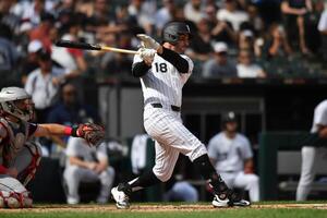Chicago White Sox designated hitter Mike Tauchman (18) hits a single during the third inning against the Cleveland Guardians at Rate Field. editorial_image