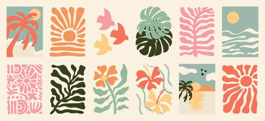 Summer botanical doodle background art set. Hibiscus flower, coconut tree, monstera leaf, sea. Abstract shape doodle art design for print, wallpaper, clipart, wall art for home decoration.