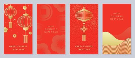 Chinese New Year hongbao red envelope design . Collection of Chinese festival with lantern, flower, cloud, pattern. Elegant oriental illustration for angpao, cover, website, calendar, ads. vector