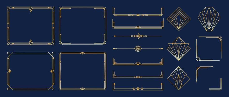 Collection of geometric art deco ornament. Luxury golden decorative elements.