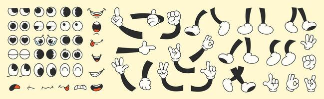 Collection of cartoon character faces, leg, hand in different emotions happy, angry, sad, cheerful. Cute retro groovy hippie illustration for decorative, sticker. vector