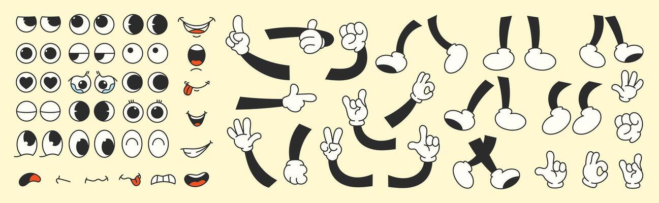 Collection of cartoon character faces, leg, hand in different emotions happy, angry, sad, cheerful. Cute retro groovy hippie illustration for decorative, sticker.
