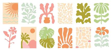 Hibiscus flower, coconut tree, monstera leaf, sea. Abstract shape doodle art design for print, wallpaper, clipart, wall art for home decoration. vector