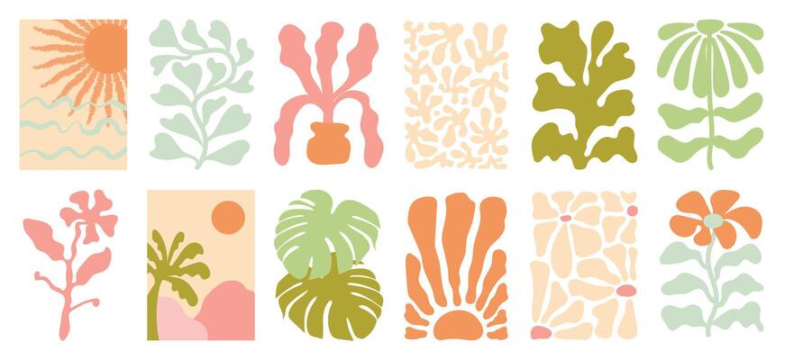 Hibiscus flower, coconut tree, monstera leaf, sea. Abstract shape doodle art design for print, wallpaper, clipart, wall art for home decoration.