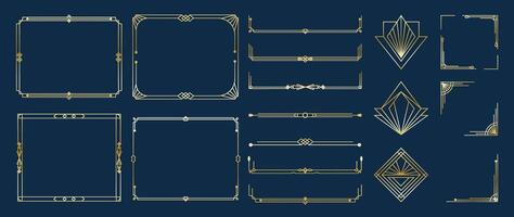 Collection of geometric art deco ornament on navy blue background. Luxury golden decorative elements with different line, frame, header, divider, border. vector