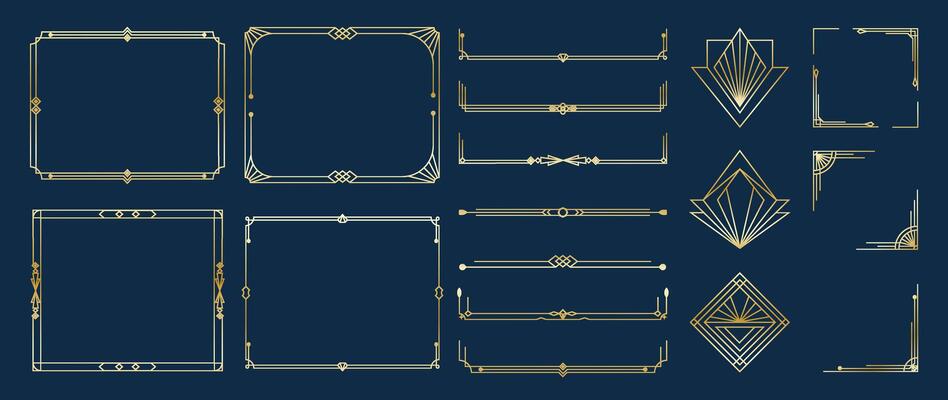 Collection of geometric art deco ornament on navy blue background. Luxury golden decorative elements with different line, frame, header, divider, border.