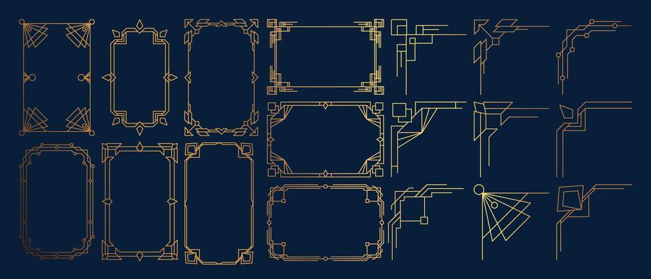 Golden art deco ornaments. Arabic antique decorative gold border, retro geometric ornamental frame and ornate golden corners.