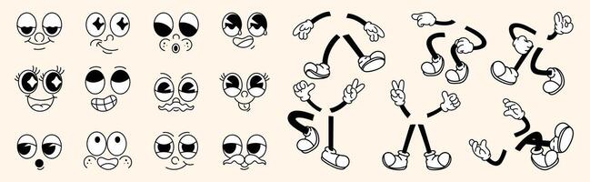Set of 70s groovy comic faces. Collection of cartoon character faces, leg, hand in different emotions happy, angry, sad, cheerful. Cute retro groovy hippie illustration for decorative, sticker. vector
