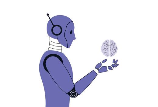 Robot Analyzing Human Brain to Train Artificial Intelligence for Development Illustration. vector