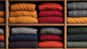A collection of neatly folded sweaters in various colors arranged on wooden shelves for easy access. photo