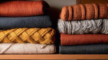 Colorful knitted sweaters neatly arranged on a wooden shelf, creating a cozy vibe. photo