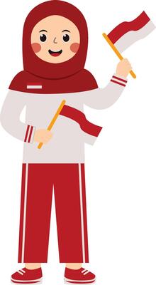 Woman Hijab Holding Flag Indonesian with Cartoon Design.