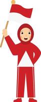 Little Girl Holding Indonesian Flag, Isolated on White Background. vector