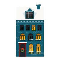 Charming Winter House with a Snowy Roof and Beautifully Illuminated Windows at Night vector