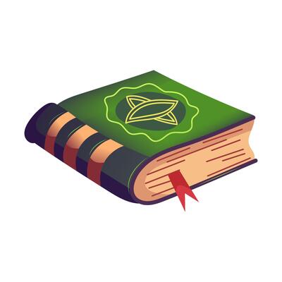 Cartoon magic spell book for Halloween in green tones