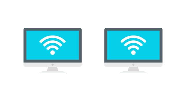Flat computer screen with wifi signal. Internet connection icon on desktop monitor. Wireless technology and broadband network concept vector