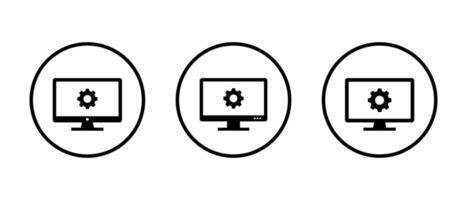 Desktop monitor icon with gear symbol. Computer settings and system configuration concept inside circular outline vector