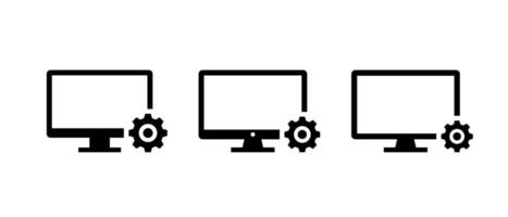 Computer setup icon set. Monitor with configuration gear symbol. System maintenance and settings concept vector