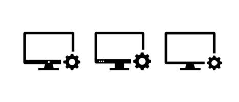 Desktop computer with settings gear. PC system control and technical setup illustration vector