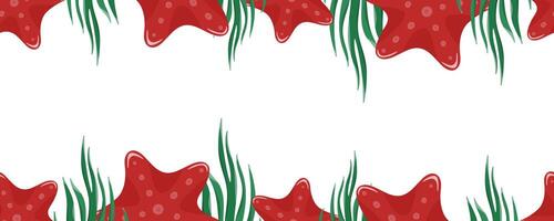 Seamless border with red starfish and green seaweed vector
