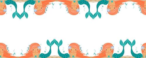 Seamless border with redhaired mermaids on top and bottom vector