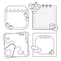 Cute Black and White Memo Pad Coloring Page with Fruit, Stars, and Grid Layouts for Journaling and Scrapbooking vector