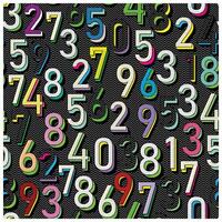 A vibrant repeat alphabet print pattern of multicolored numbers set against a solid black background vector