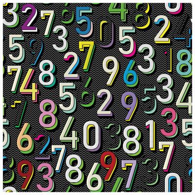 A vibrant repeat alphabet print pattern of multicolored numbers set against a solid black background
