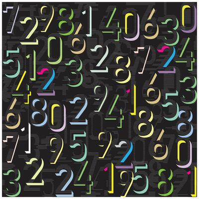 repeat number typography print design, An abstract design featuring a colorful array of numbers scattered across a dark background.