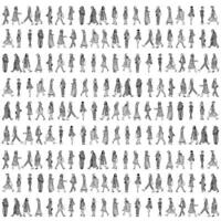 A repeat monochrome print pattern, human illustration of several individuals walking, capturing the essence of movement and interaction in a public space. vector