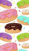 Vibrant doughnuts with sprinkles animate over shifting backgrounds, transitioning from white to black to green video